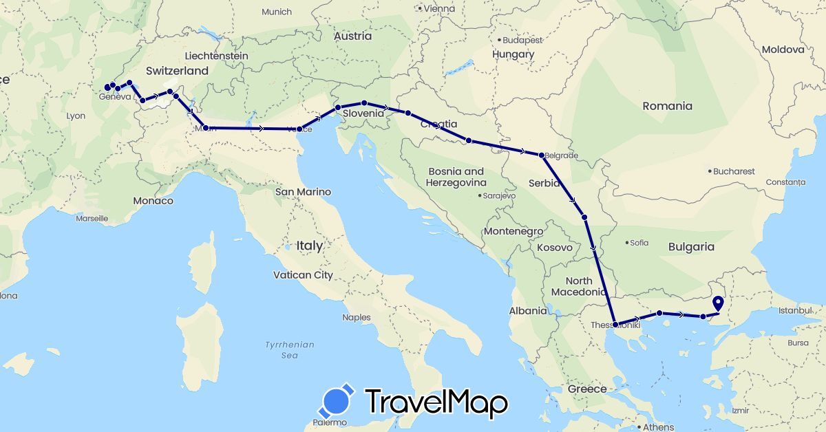 TravelMap itinerary: driving in Switzerland, France, Greece, Croatia, Italy, Serbia, Slovenia, Turkey (Asia, Europe)
